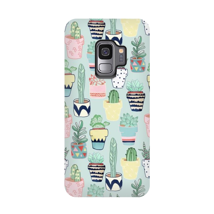 Galaxy S9 StrongFit Cute Cacti In Pots on Mint Green by Tangerine-Tane