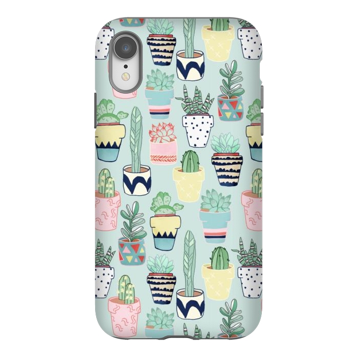 iPhone Xr StrongFit Cute Cacti In Pots on Mint Green by Tangerine-Tane