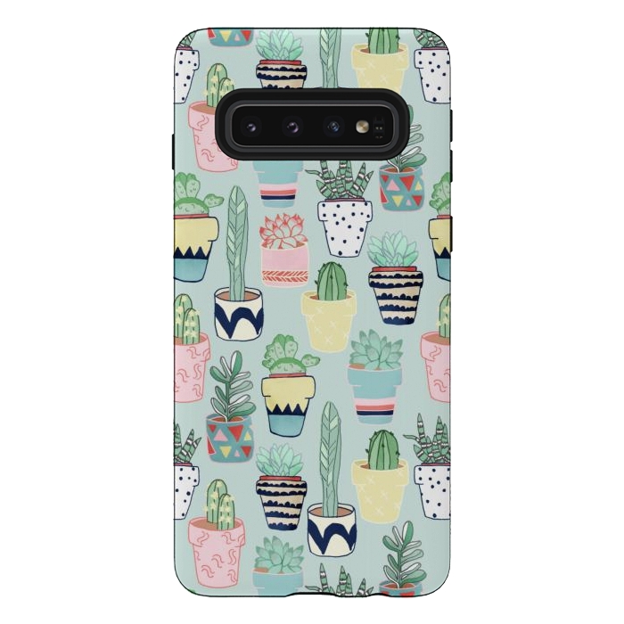 Galaxy S10 StrongFit Cute Cacti In Pots on Mint Green by Tangerine-Tane