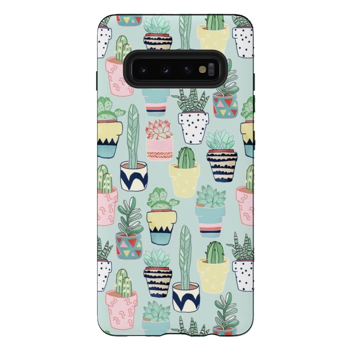 Galaxy S10 plus StrongFit Cute Cacti In Pots on Mint Green by Tangerine-Tane