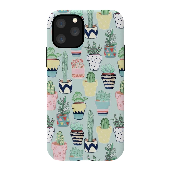iPhone 11 Pro StrongFit Cute Cacti In Pots on Mint Green by Tangerine-Tane