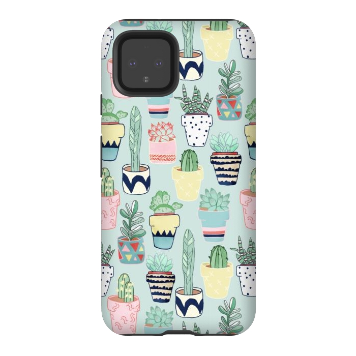 Pixel 4 StrongFit Cute Cacti In Pots on Mint Green by Tangerine-Tane