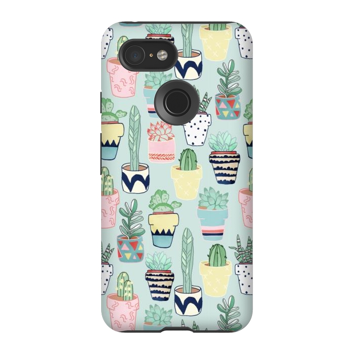 Pixel 3 StrongFit Cute Cacti In Pots on Mint Green by Tangerine-Tane