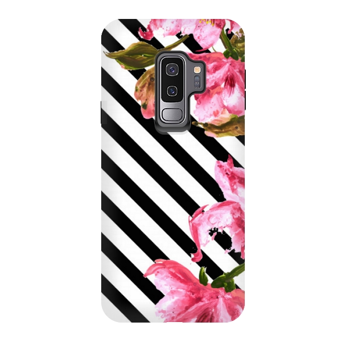 Galaxy S9 plus StrongFit stripes pink tropical pattern by MALLIKA