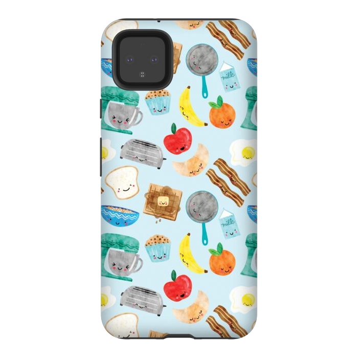 Pixel 4XL StrongFit Happy and Cute Breakfast Foods by Noonday Design