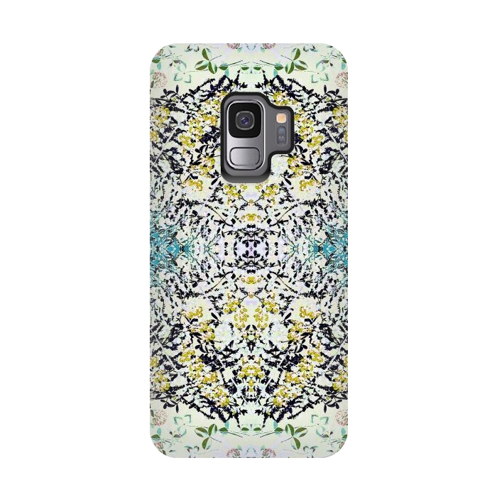 Galaxy S9 StrongFit Yellow blue ditsy flowers and leaves pattern by Oana 