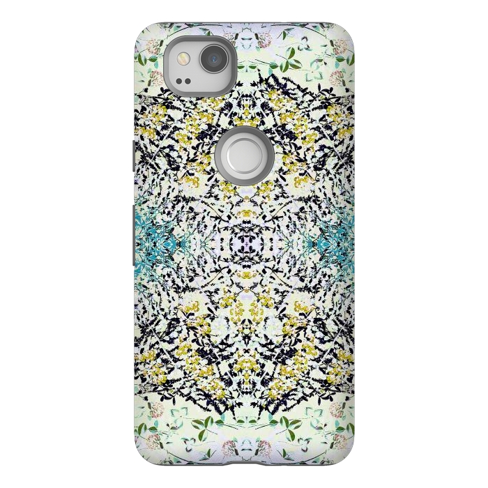 Pixel 2 StrongFit Yellow blue ditsy flowers and leaves pattern by Oana 