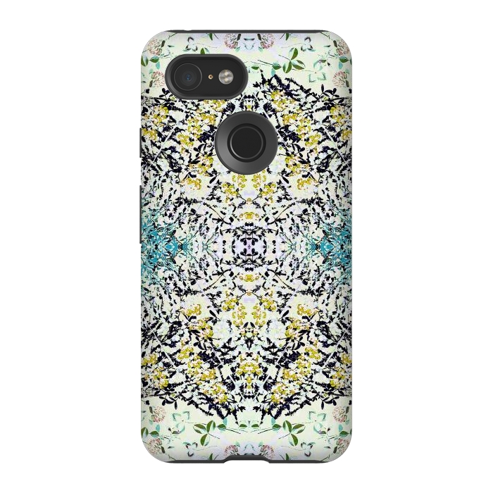 Pixel 3 StrongFit Yellow blue ditsy flowers and leaves pattern by Oana 