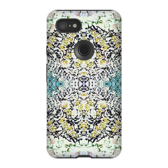 Pixel 3XL StrongFit Yellow blue ditsy flowers and leaves pattern by Oana 