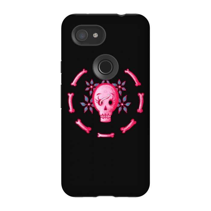 Pixel 3A StrongFit Funny Skull In Pink With Flowers And Bones by Boriana Giormova