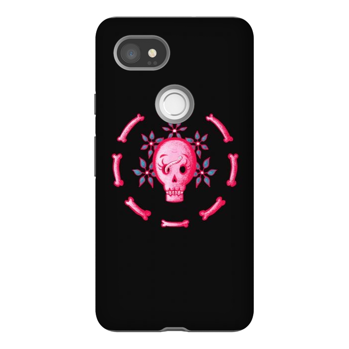 Pixel 2XL StrongFit Funny Skull In Pink With Flowers And Bones by Boriana Giormova