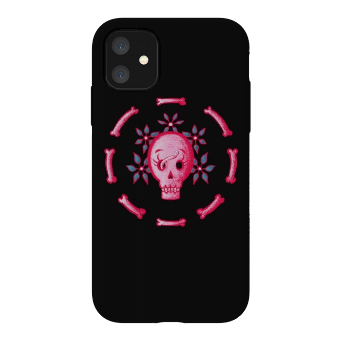iPhone 11 StrongFit Funny Skull In Pink With Flowers And Bones by Boriana Giormova