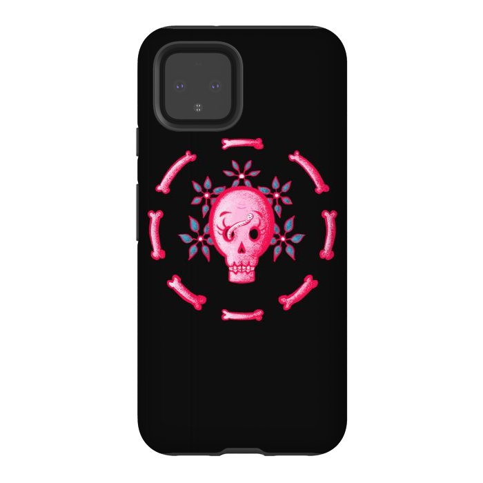 Pixel 4 StrongFit Funny Skull In Pink With Flowers And Bones by Boriana Giormova