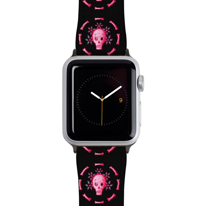 Watch 42mm / 44mm Strap PU leather Funny Skull In Pink With Flowers And Bones by Boriana Giormova