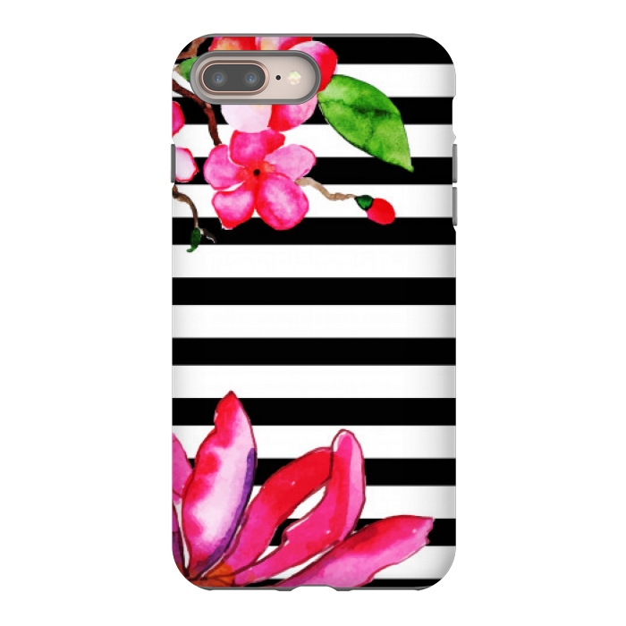 iPhone 7 plus StrongFit black white stripes floral pink pattern by MALLIKA