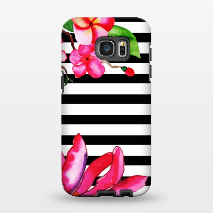 Galaxy S7 EDGE StrongFit black white stripes floral pink pattern by MALLIKA
