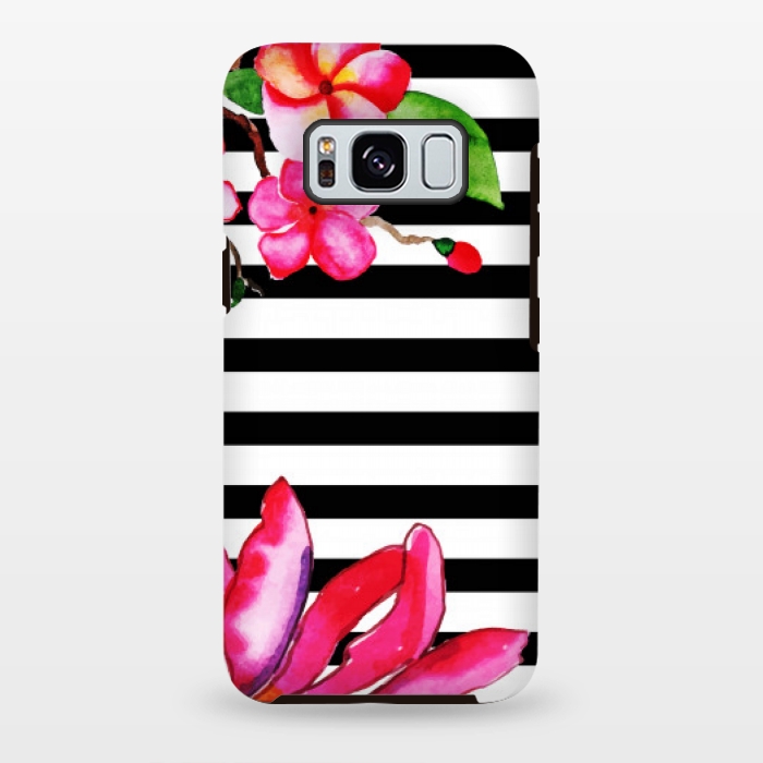 Galaxy S8 plus StrongFit black white stripes floral pink pattern by MALLIKA