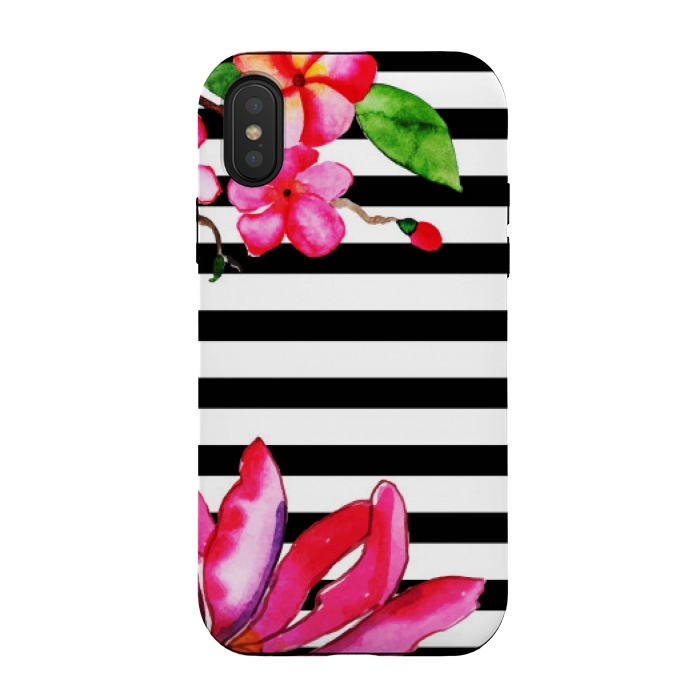 iPhone Xs / X StrongFit black white stripes floral pink pattern by MALLIKA