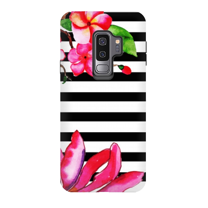 Galaxy S9 plus StrongFit black white stripes floral pink pattern by MALLIKA