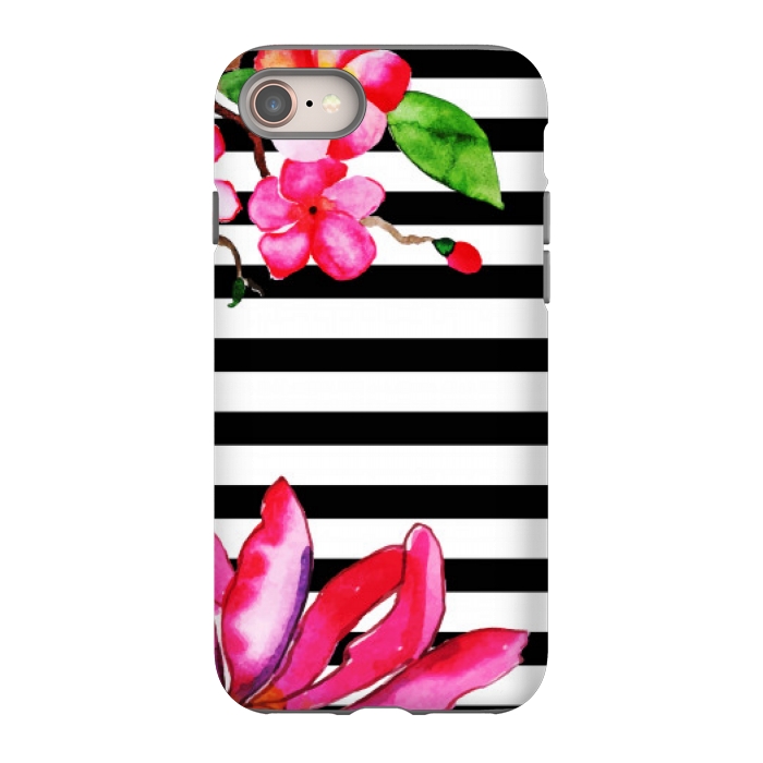 iPhone 8 StrongFit black white stripes floral pink pattern by MALLIKA