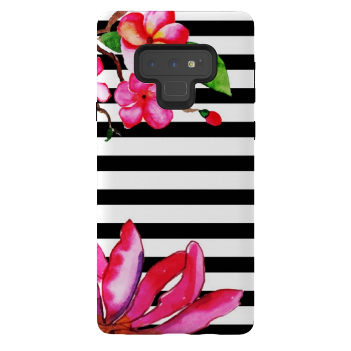 Galaxy Note 9 StrongFit black white stripes floral pink pattern by MALLIKA