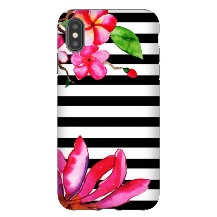 iPhone Xs Max StrongFit black white stripes floral pink pattern by MALLIKA