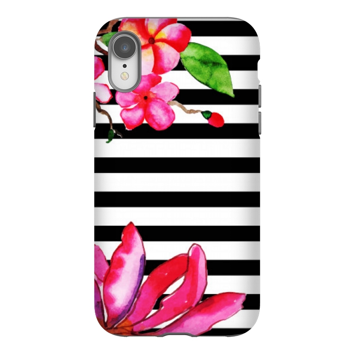 iPhone Xr StrongFit black white stripes floral pink pattern by MALLIKA
