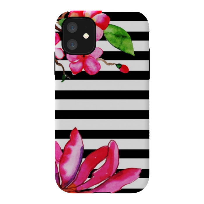 iPhone 11 StrongFit black white stripes floral pink pattern by MALLIKA