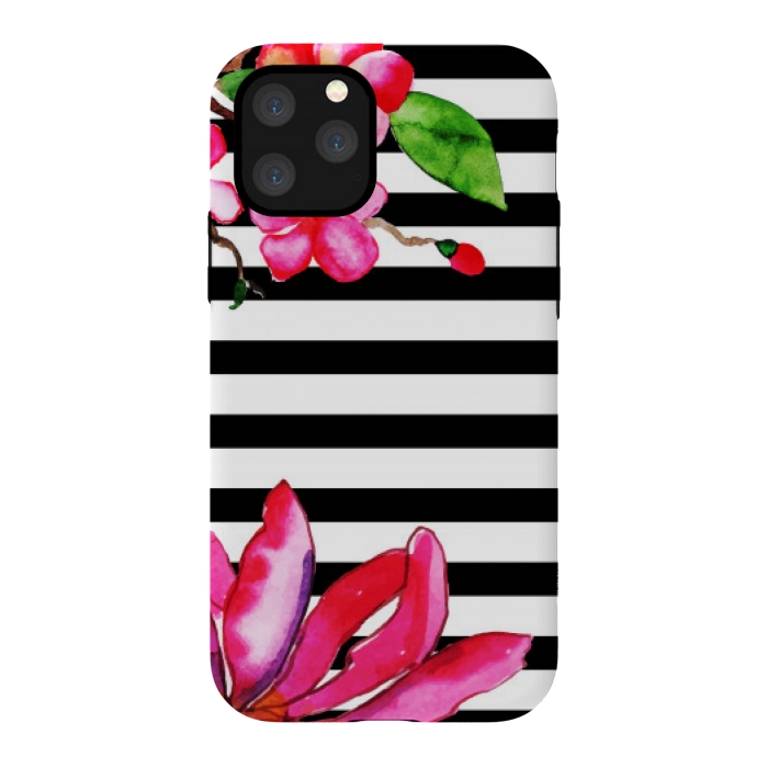iPhone 11 Pro StrongFit black white stripes floral pink pattern by MALLIKA