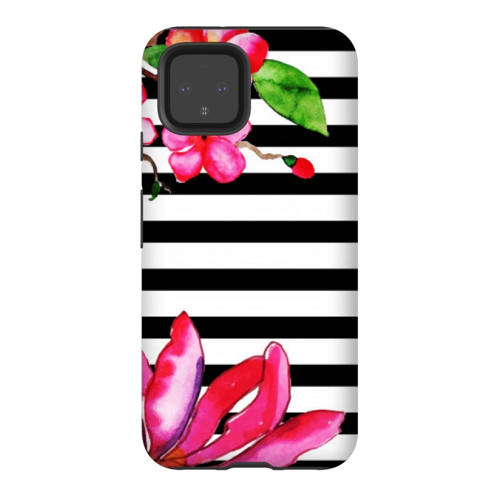 Pixel 4 StrongFit black white stripes floral pink pattern by MALLIKA