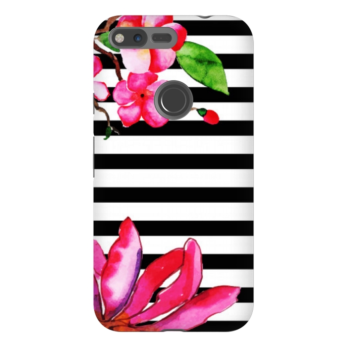 Pixel XL StrongFit black white stripes floral pink pattern by MALLIKA