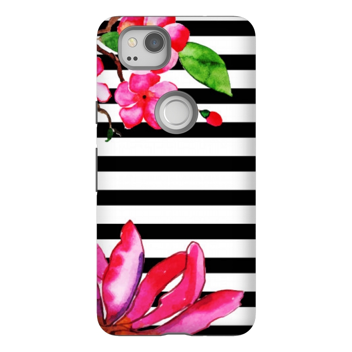 Pixel 2 StrongFit black white stripes floral pink pattern by MALLIKA