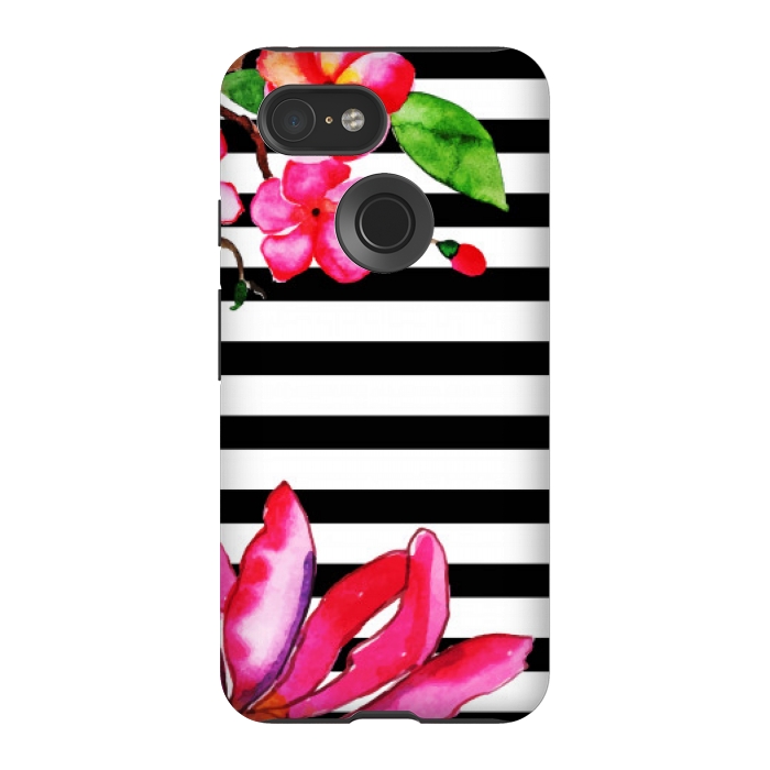 Pixel 3 StrongFit black white stripes floral pink pattern by MALLIKA