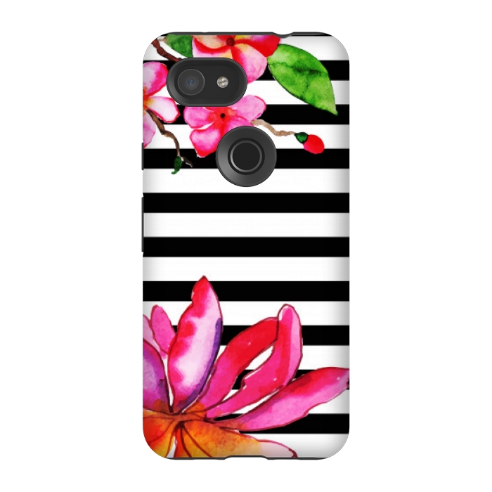 Pixel 3A StrongFit black white stripes floral pink pattern by MALLIKA