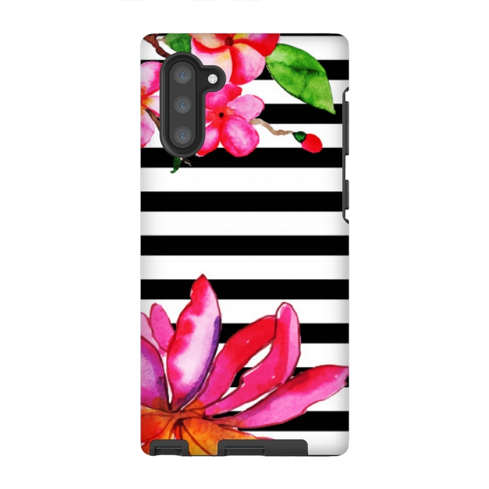 Galaxy Note 10 StrongFit black white stripes floral pink pattern by MALLIKA