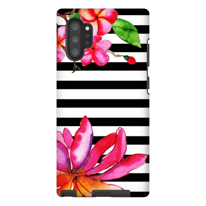 Galaxy Note 10 plus StrongFit black white stripes floral pink pattern by MALLIKA