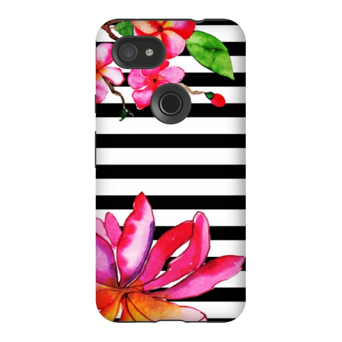 Pixel 3AXL StrongFit black white stripes floral pink pattern by MALLIKA