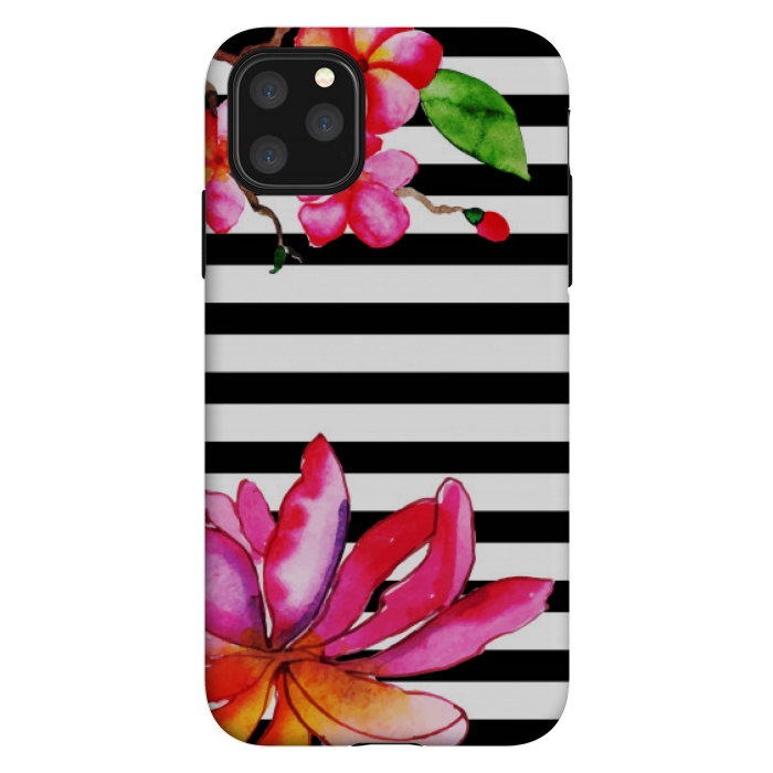 iPhone 11 Pro Max StrongFit black white stripes floral pink pattern by MALLIKA