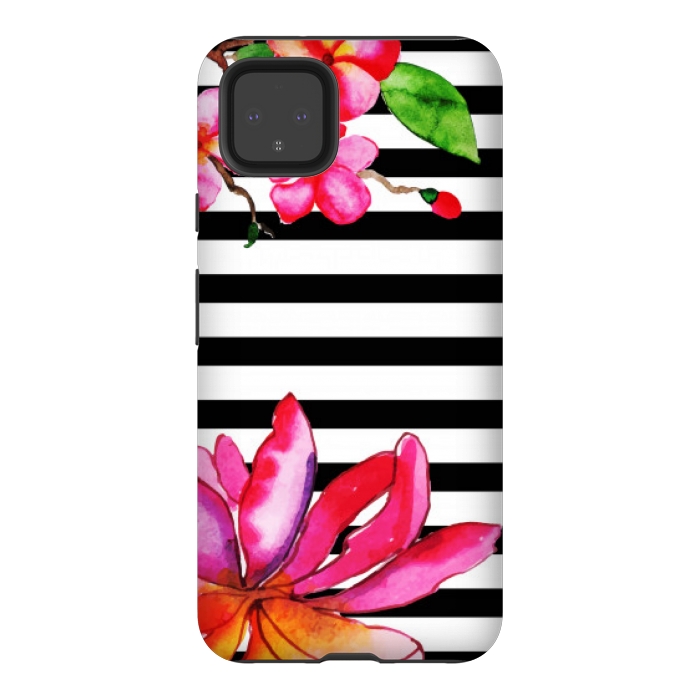 Pixel 4XL StrongFit black white stripes floral pink pattern by MALLIKA