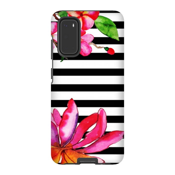 Galaxy S20 StrongFit black white stripes floral pink pattern by MALLIKA