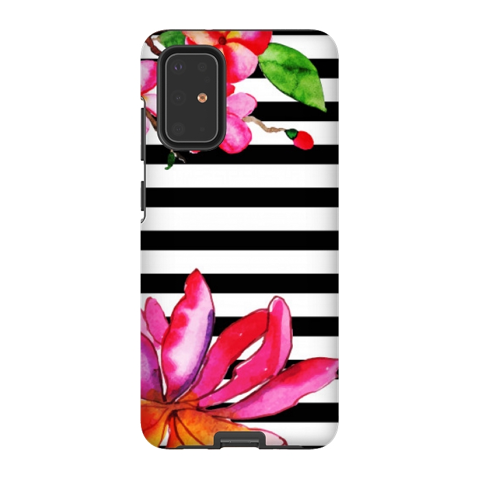 Galaxy S20 Plus StrongFit black white stripes floral pink pattern by MALLIKA