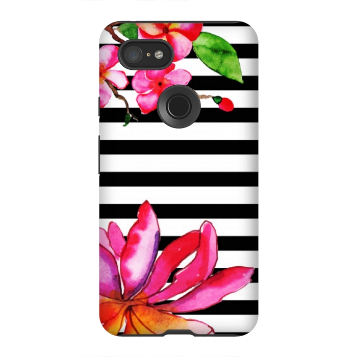 Pixel 3XL StrongFit black white stripes floral pink pattern by MALLIKA