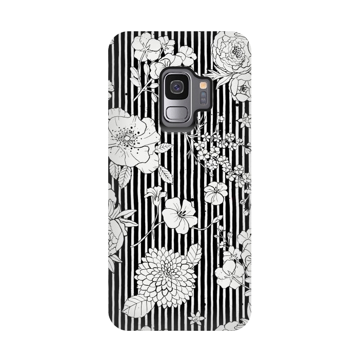 Galaxy S9 StrongFit Flowers and Stripes Black and White by Ninola Design