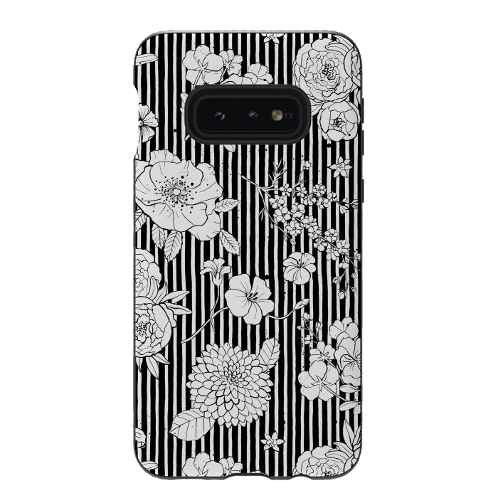 Galaxy S10e StrongFit Flowers and Stripes Black and White by Ninola Design