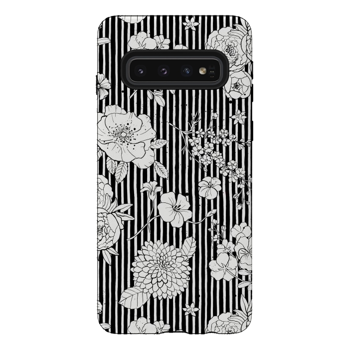 Galaxy S10 StrongFit Flowers and Stripes Black and White by Ninola Design