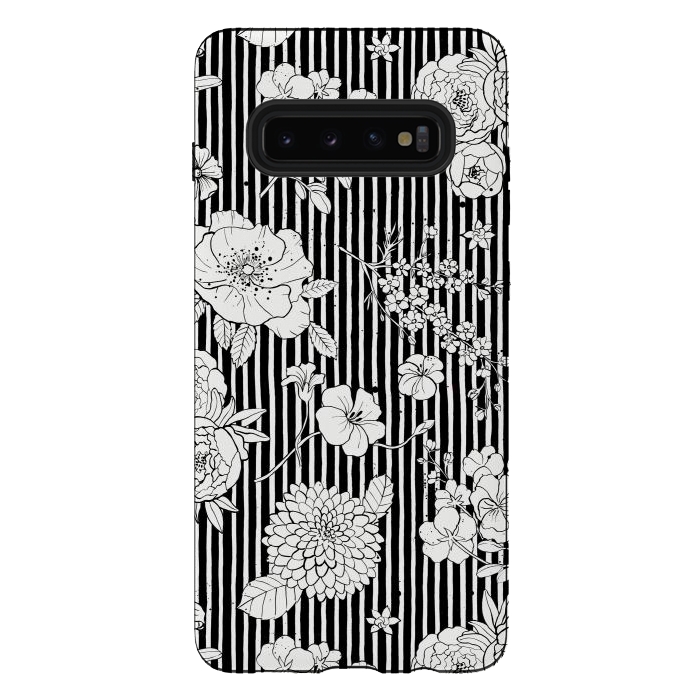 Galaxy S10 plus StrongFit Flowers and Stripes Black and White by Ninola Design