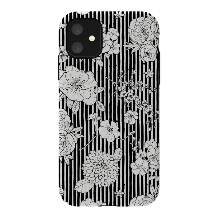 iPhone 11 StrongFit Flowers and Stripes Black and White by Ninola Design