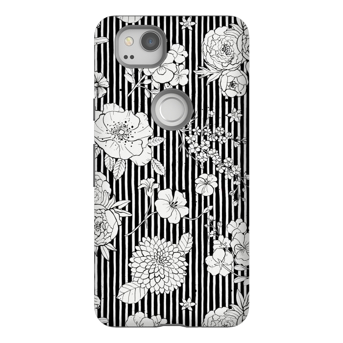 Pixel 2 StrongFit Flowers and Stripes Black and White by Ninola Design