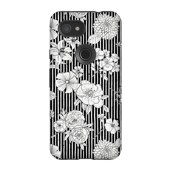 Pixel 3A StrongFit Flowers and Stripes Black and White by Ninola Design