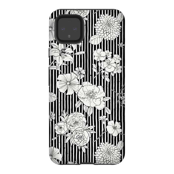 Pixel 4XL StrongFit Flowers and Stripes Black and White by Ninola Design